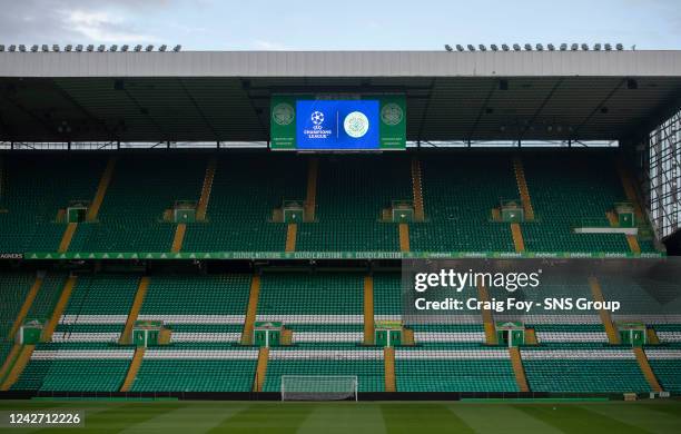 The Champions League badge on the big screens at Celtic Park , on August 25 in Glasgow, Scotland.