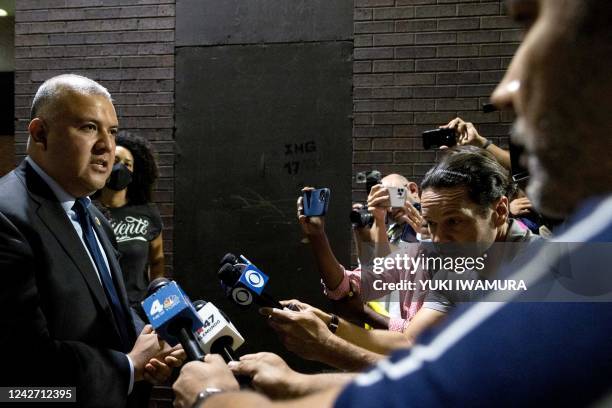 New York Immigrant Affairs Commissioner Manuel Castro speaks to the press following the arrival of migrants from Texas, at Port Authority Bus...
