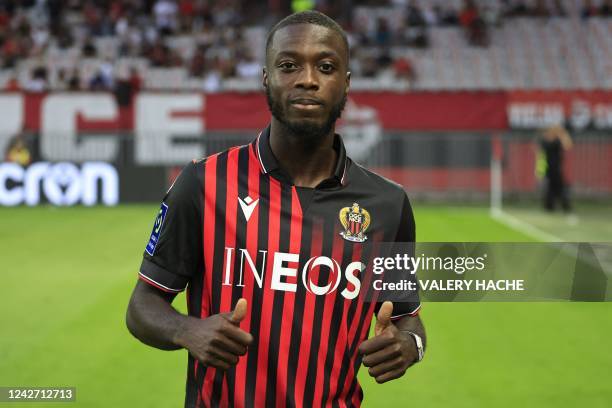 Nice's new recruit Ivorian forward Nicolas Pepe is presented during the UEFA Conference League play-off second leg football match between OGC Nice...