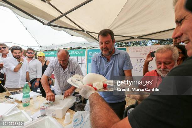 The political leader of the League, Matteo Salvini, receives a mozzarella as a gift, during the meeting with the buffalo breeders of Campania, for...