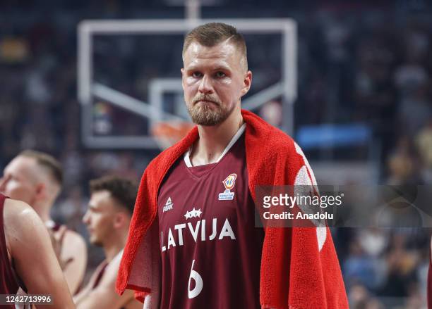 Kristaps Porzingis of Latvia celebrates after the FIBA Basketball World Cup 2023 European Qualifiers second round first match between Latvia and...