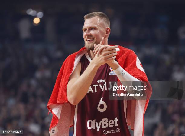 Kristaps Porzingis of Latvia celebrates after the FIBA Basketball World Cup 2023 European Qualifiers second round first match between Latvia and...