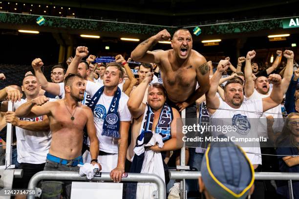 Supporters of 1.FC Slovacko celebrate qualifying for the group stage of during the UEFA Europa Conference League after a second leg qualification...