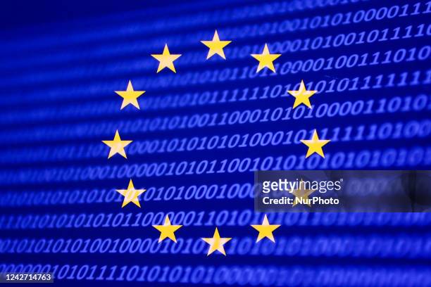 European Union flag displayed on a phone screen and binary code displayed on a laptop screen are seen in this multiple exposure illustration photo...