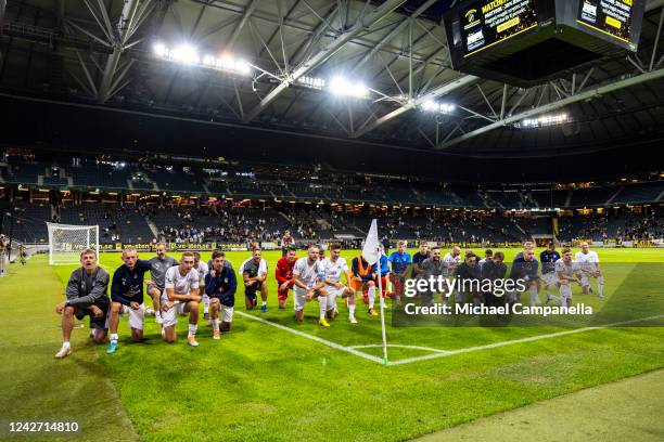 Players from 1.FC Slovacko celebrate qualifying for the group stage of during the UEFA Europa Conference League after a second leg qualification...