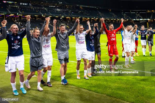 Players from 1.FC Slovacko celebrate qualifying for the group stage of during the UEFA Europa Conference League after a second leg qualification...