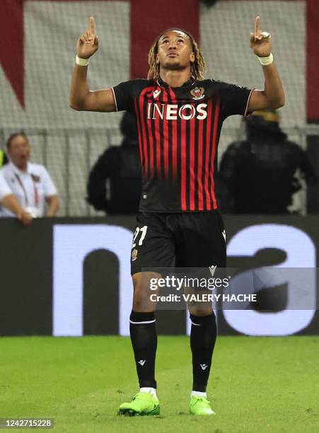 Nice's French midfielder Alexis Beka Beka celebrates scoring his team's second goal during the UEFA Conference League play-off second leg football...