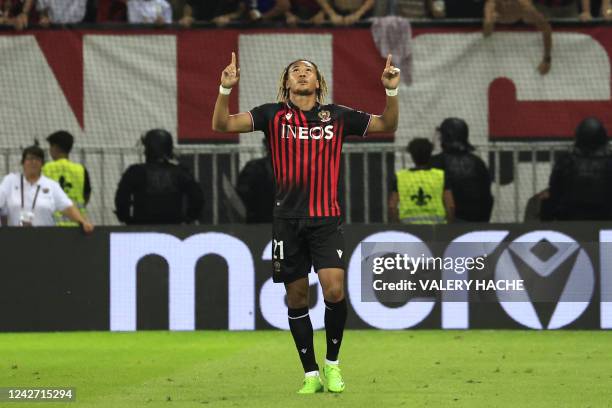 Nice's French midfielder Alexis Beka Beka celebrates scoring his team's second goal during the UEFA Conference League play-off second leg football...