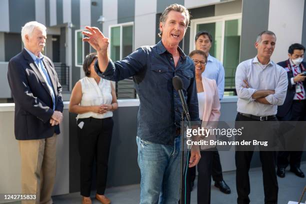 Los Angeles, CA - August 24 Gov. Gavin Newsom speaks a Homekey site to announce the latest round of awards for homeless housing projects across the...