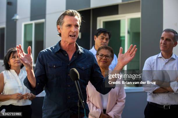 Los Angeles, CA - August 24 Gov. Gavin Newsom speaks a Homekey site to announce the latest round of awards for homeless housing projects across the...