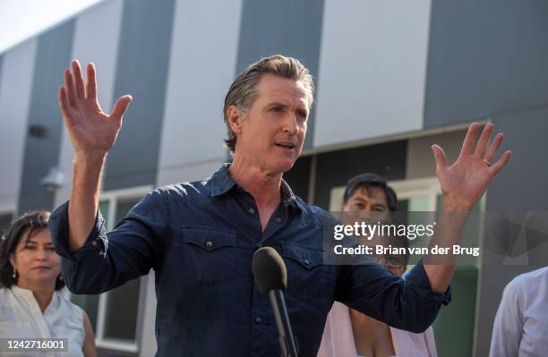 Los Angeles, CA - August 24 Gov. Gavin Newsom speaks a Homekey site to announce the latest round of awards for homeless housing projects across the...