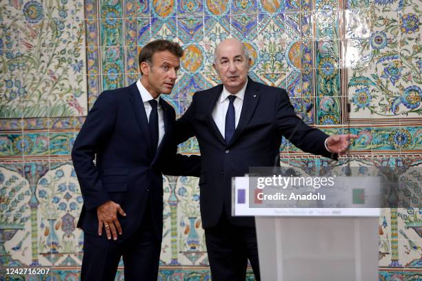 French President Emmanuel Macron and Algerian President Abdelmadjid Tebboune hold a joint press conference after meeting at the Palace of El Mouradia...