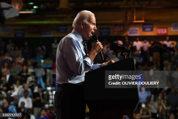 President Joe Biden participates in a rally for the Democratic National Committee at Richard Montgomery High School in Rockville, Maryland, on August...
