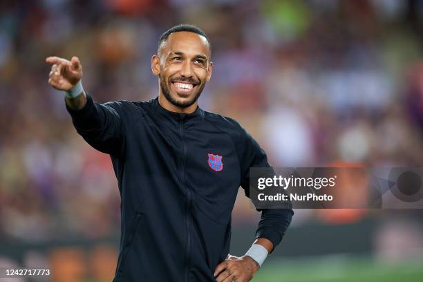 Pierre-Emerick Aubameyang centre-forward of Barcelona and Gabon prior the friendly match between FC Barcelona and Manchester City at Camp Nou on...