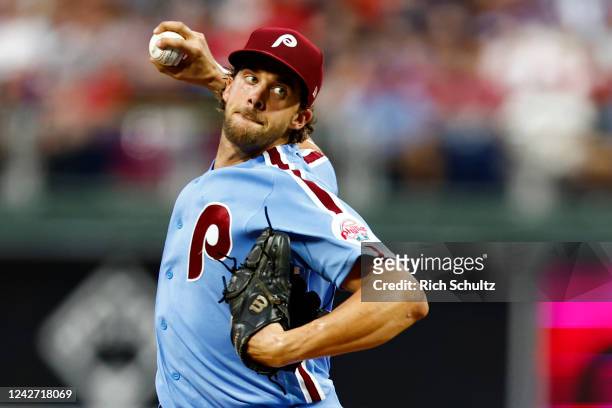 Pitcher Aaron Nola of the Philadelphia Phillies delivers a pitch against the Cincinnati Reds during the second inning of a game at Citizens Bank Park...