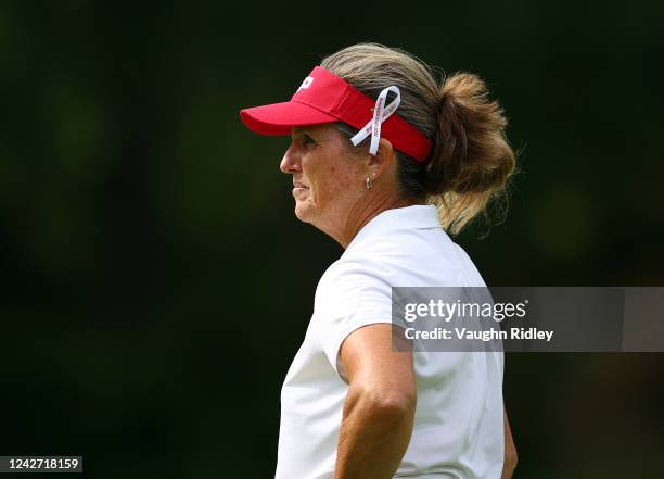 Lorie Kane of Canada looks on at the 5th green during the first round of the CP Women's Open at Ottawa Hunt and Golf Club on August 25, 2022 in...