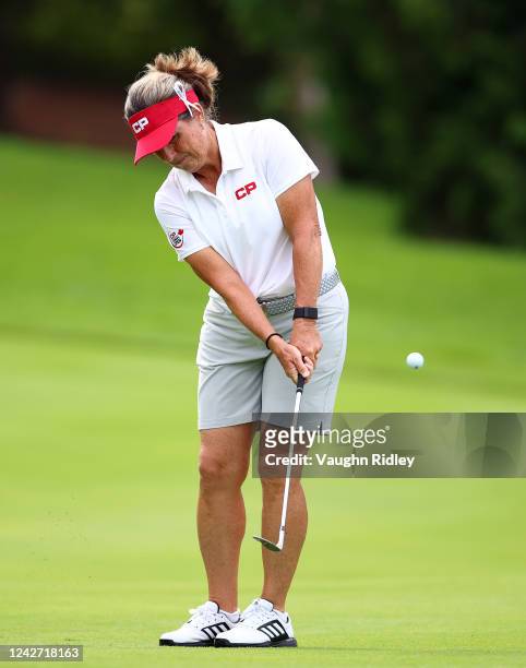 Lorie Kane of Canada hits a shot on the 5th hole during the first round of the CP Women's Open at Ottawa Hunt and Golf Club on August 25, 2022 in...