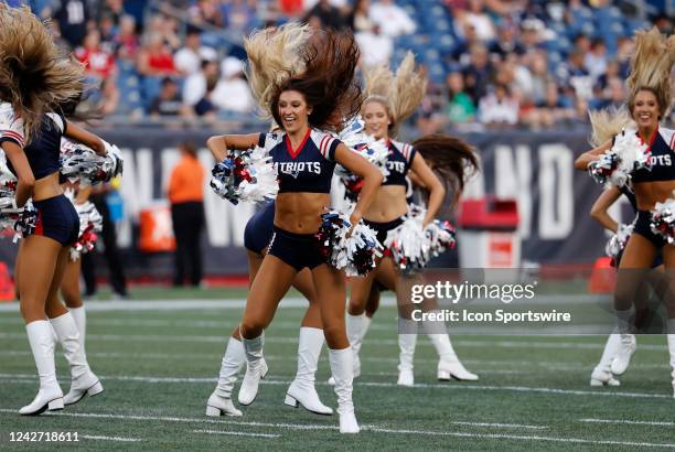Patriots cheerleaders dance during an NFL preseason game between the New England Patriots and the Carolina Panthers on August 19 at Gillette Stadium...