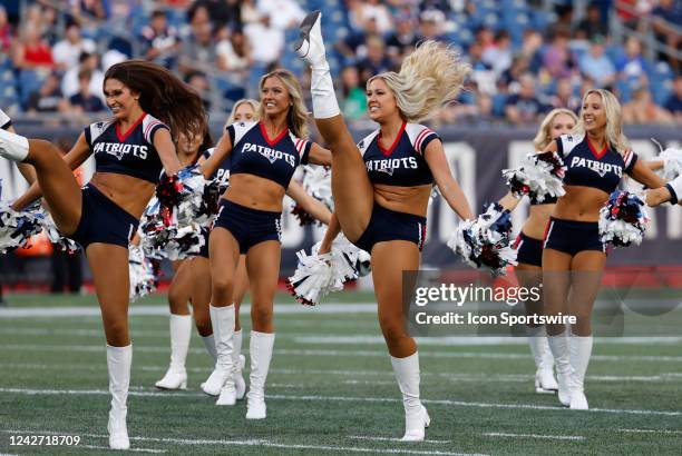 Patriots cheerleaders during an NFL preseason game between the New England Patriots and the Carolina Panthers on August 19 at Gillette Stadium in...