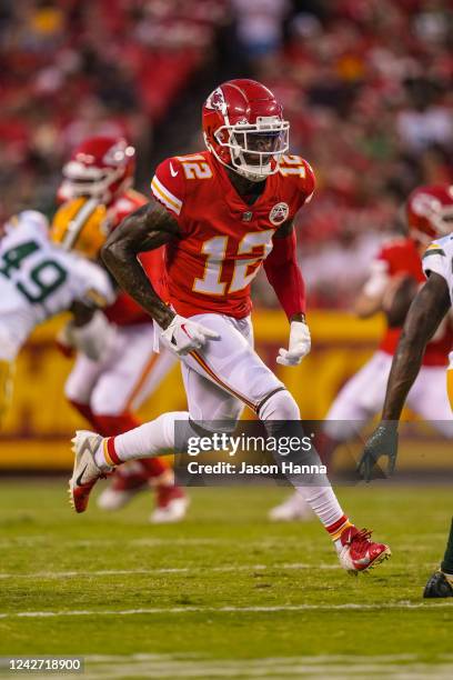 Josh Gordon of the Kansas City Chiefs runs a route during the second quarter of the preseason game against the Green Bay Packers at Arrowhead Stadium...