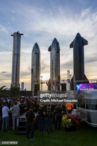 SpaceX founder Elon Musk and T-Mobile CEO Mike Sievert on stage during a T-Mobile and SpaceX joint event on August 25, 2022 in Boca Chica Beach,...