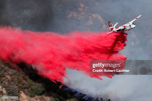 Glendora, CA, Thursday, August 25, 2022 - LA County fire crews and air resources battle a brush fire where more than 75 acres burned in a remote are...