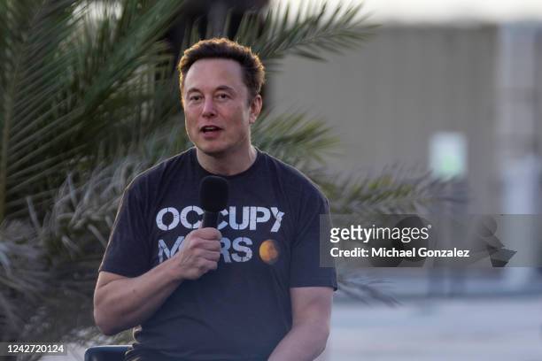 SpaceX founder Elon Musk speaks during a T-Mobile and SpaceX joint event on August 25, 2022 in Boca Chica Beach, Texas. The two companies announced...