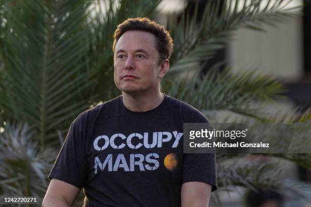 SpaceX founder Elon Musk during a T-Mobile and SpaceX joint event on August 25, 2022 in Boca Chica Beach, Texas. The two companies announced plans to...