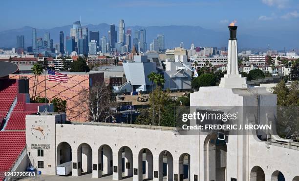 The flame burns from the Olympic Cauldron at the Los Angeles Memorial Coliseum on August 25, 2022 in Los Angeles, California. - The venue will make...