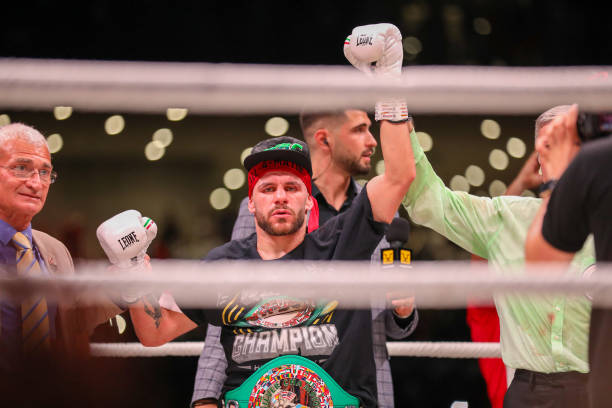 Florian Marku celebrating after winning the match during the boxing match between Florian Marku and Miguel parra for WBC welter weight silver...