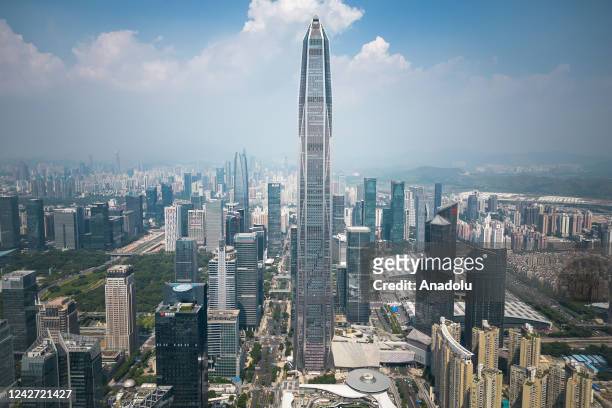 An aerial view of the Ping An International Finance Centre on August 5, 2022 in Shenzhen,China.The Ping An Finance Center is a 115-story, 599 m...