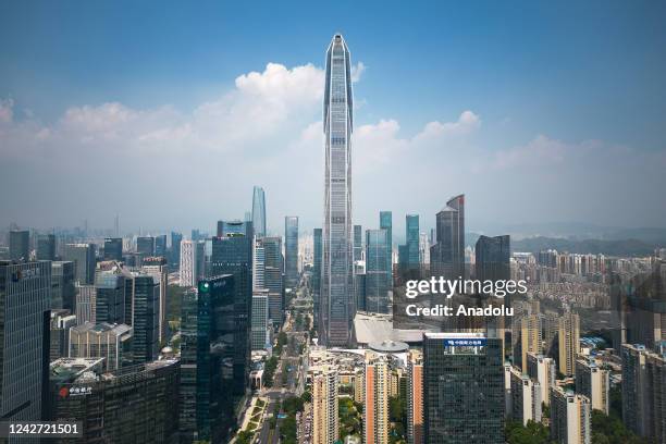 An aerial view of the Ping An International Finance Centre on August 5, 2022 in Shenzhen,China.The Ping An Finance Center is a 115-story, 599 m...