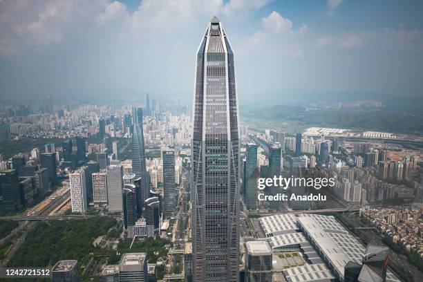 An aerial view of the Ping An International Finance Centre on August 5, 2022 in Shenzhen,China.The Ping An Finance Center is a 115-story, 599 m...
