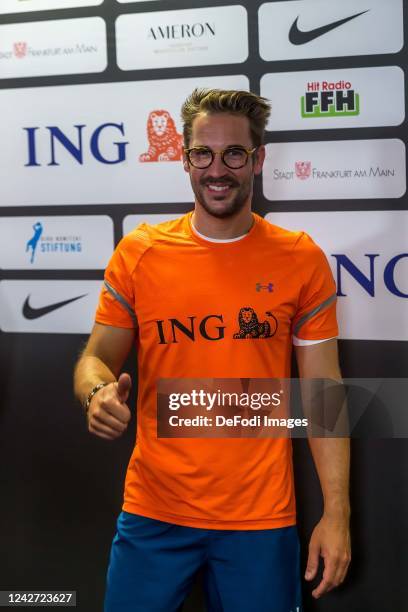 Maximilian Goetz gestures during the Champions for Charity on August 24, 2022 in Frankfurt am Main, Germany.