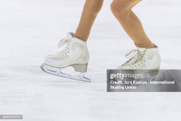 Ice skate detail during the ISU Junior Grand Prix of Figure Skating at Patinoire du Forum on August 26, 2022 in Courchevel, France.