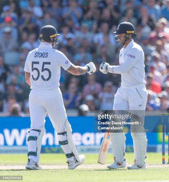 England's Ben Foakes and Ben Stokes during Day 2 of the 2nd Test between England and South Africa at Old Trafford on August 26, 2022 in Manchester,...