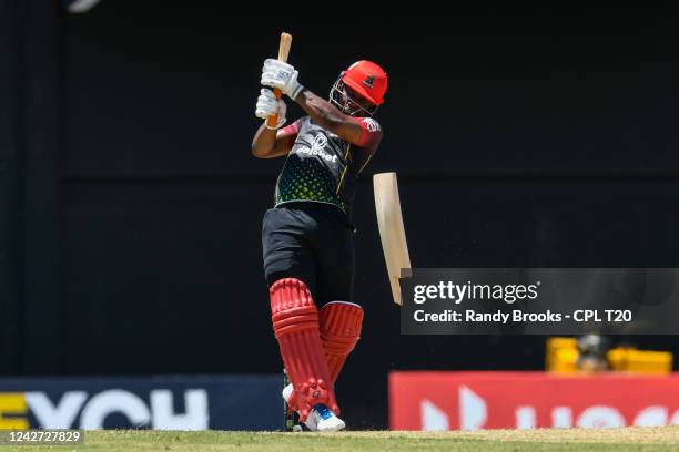 Evin Lewis of Saint Kitts & Nevis Patriots broke his bat during the 2022 Hero Caribbean Premier League - The 6IXTY Men's match 4 between Saint Lucia...