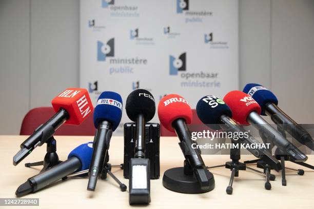 Illustration picture shows microphones during a press conference of the Brussels public prosecutor's office regarding on the incident where a van...