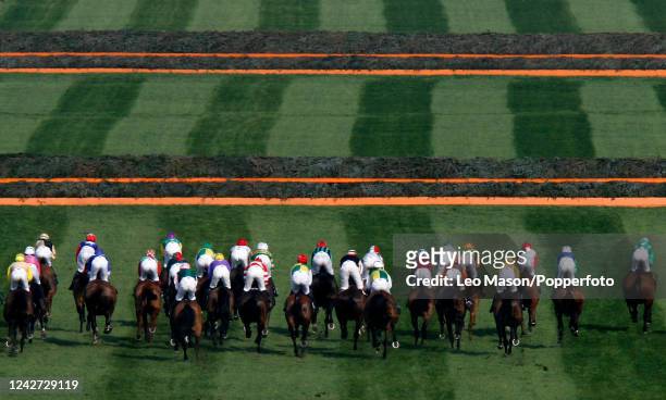 The start and first fences with the field during the 2007 John Smith's Grand National Meeting at Aintree Race course in Liverpool, England, UK on...