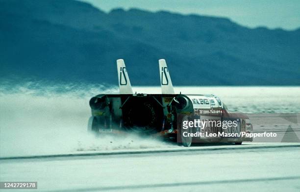 Richard Noble of Great Britain attempting to set a land speed record in the jet propelled car Thrust2 at Bonneville Salt Flats near Wendover, Utah,...