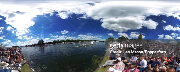 The Henley Royal Regatta on The River Thames at Henley, in England, a Panoramic 360 degree image with spectators lining the course, 1st July 2017.