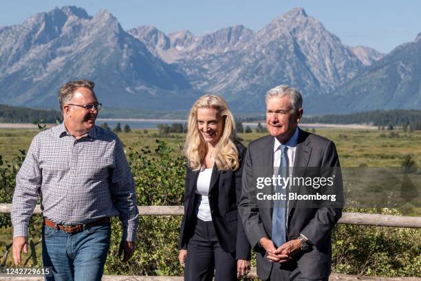 Jerome Powell, chairman of the US Federal Reserve, from right, Lael Brainard, vice chair of the board of governors for the Federal Reserve System,...