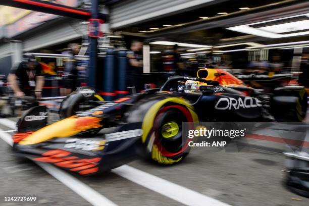 Max Verstappen with the Oracle Red Bull Racing RB18 Honda in the pit lane during the 2nd practice session ahead of the F1 Grand Prix of Belgium at...