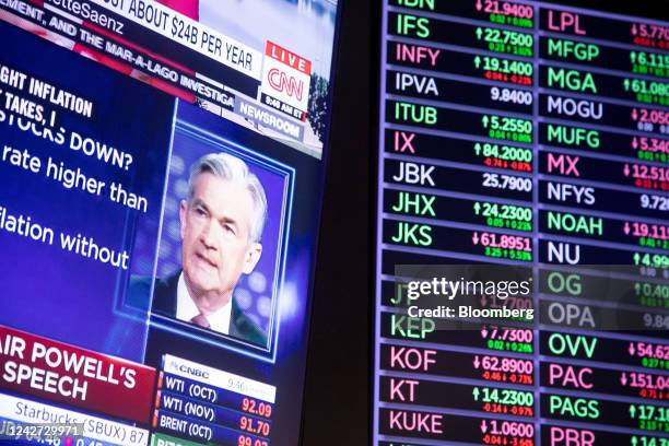 Television station broadcasts Jerome Powell, chairman of the US Federal Reserve, speaking at the Jackson Hole Economic Policy Symposium on the floor...