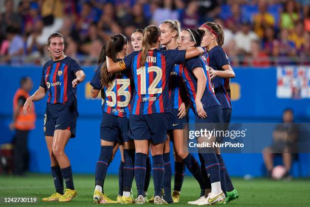 Fridolina Rolfo of Barcelona celebrates with Cluadia Pina after scoring his sides first goal during the Womens Joan Gamper Trophy match between FC...