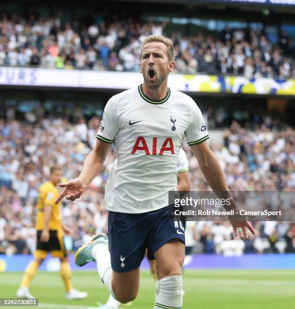 Tottenham Hotspur's Harry Kane celebrates scoring his side's first goal during the Premier League match between Tottenham Hotspur and Wolverhampton...