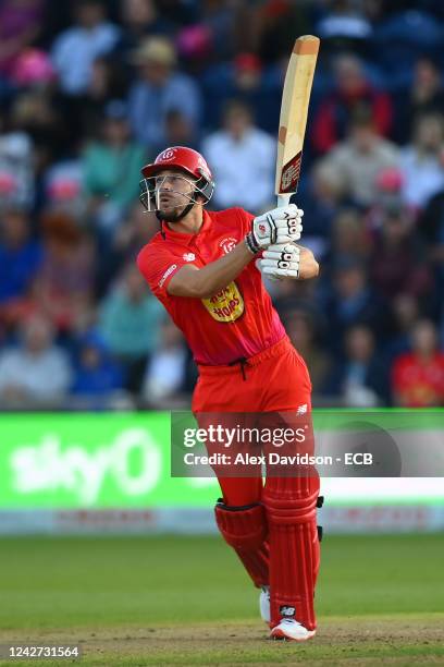 Joe Clarke of Welsh Fire in action during the Hundred match between Welsh Fire and Northern Superchargers at Sophia Gardens on August 26, 2022 in...