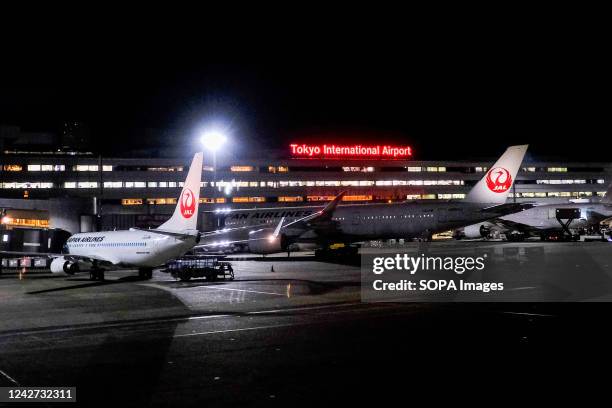 The Japan Airlines airplanes seen at the Tokyo International Airport, commonly known as Haneda Airport in Tokyo.