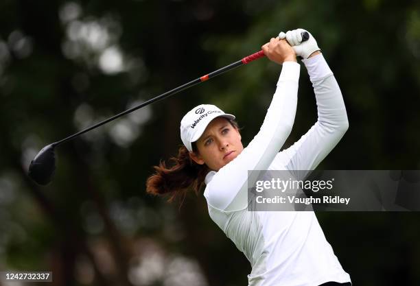 Albane Valenzuela of Switzerland hits her tee shot on the 11th hole during the second round of the CP Women's Open at Ottawa Hunt and Golf Club on...