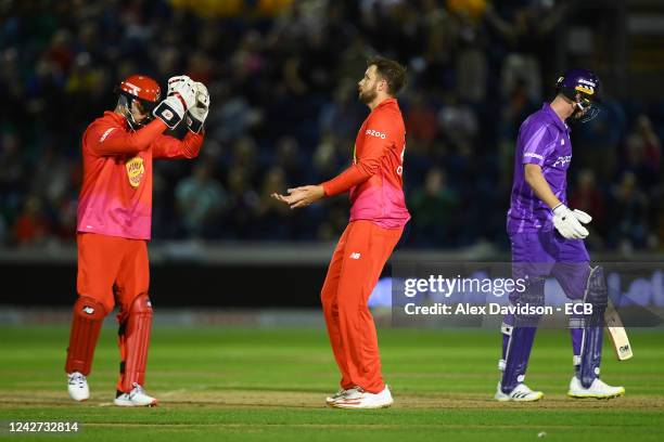 Matthew Critchley of Welsh Fire celebrates a wicket with Joe Clarke during the Hundred match between Welsh Fire and Northern Superchargers at Sophia...